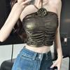 Цветочный плиссированный облегающий текстурный яркий шелк NeckSecret Weapon для атмосферы Холтер Топ-бандо с 3D цветочным декором Маст-хэв для горячих девушек
