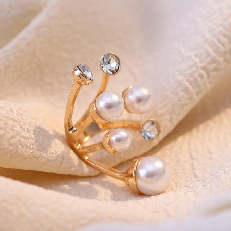 Creative Exaggerated Double-layer Pearl Ring Niche Design Irregular Diamond Inlaid Open Ring Women's Fashionable Jewelry Gift