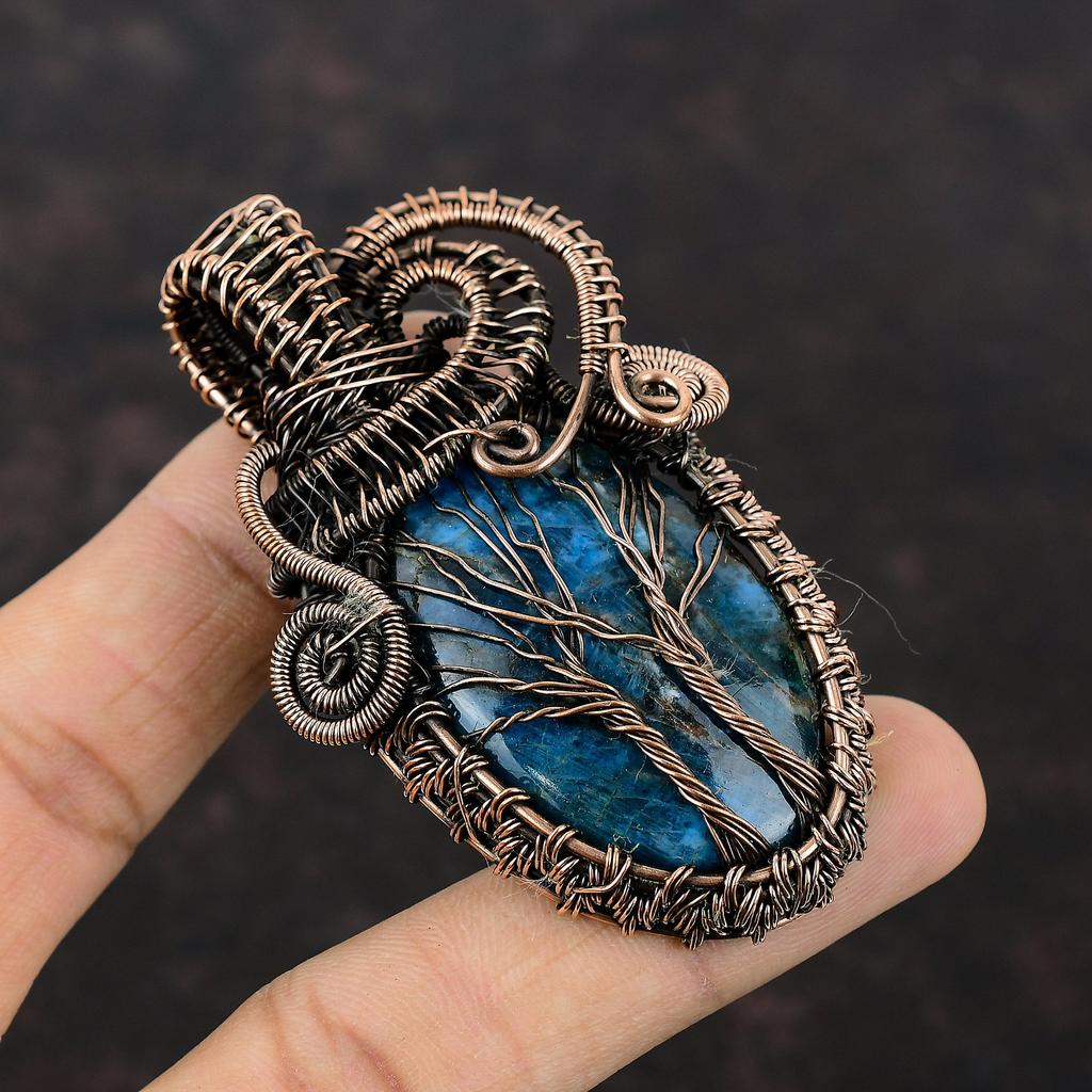 Древо Жизни Неоновый Апатит Подвеска Медная Проволока Обернутая Подвеска Ювелирные Изделия Ручной Работы Из Драгоценных Камней Медная Проволока Обёрточная бумага Ювелирный Подарок Для Него Женский Подвеска