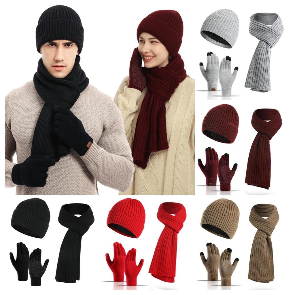 Thickened Beanies Scarf Gloves Set Fleece-lined Touchscreen Gloves 3 In 1 Set for Women & Men