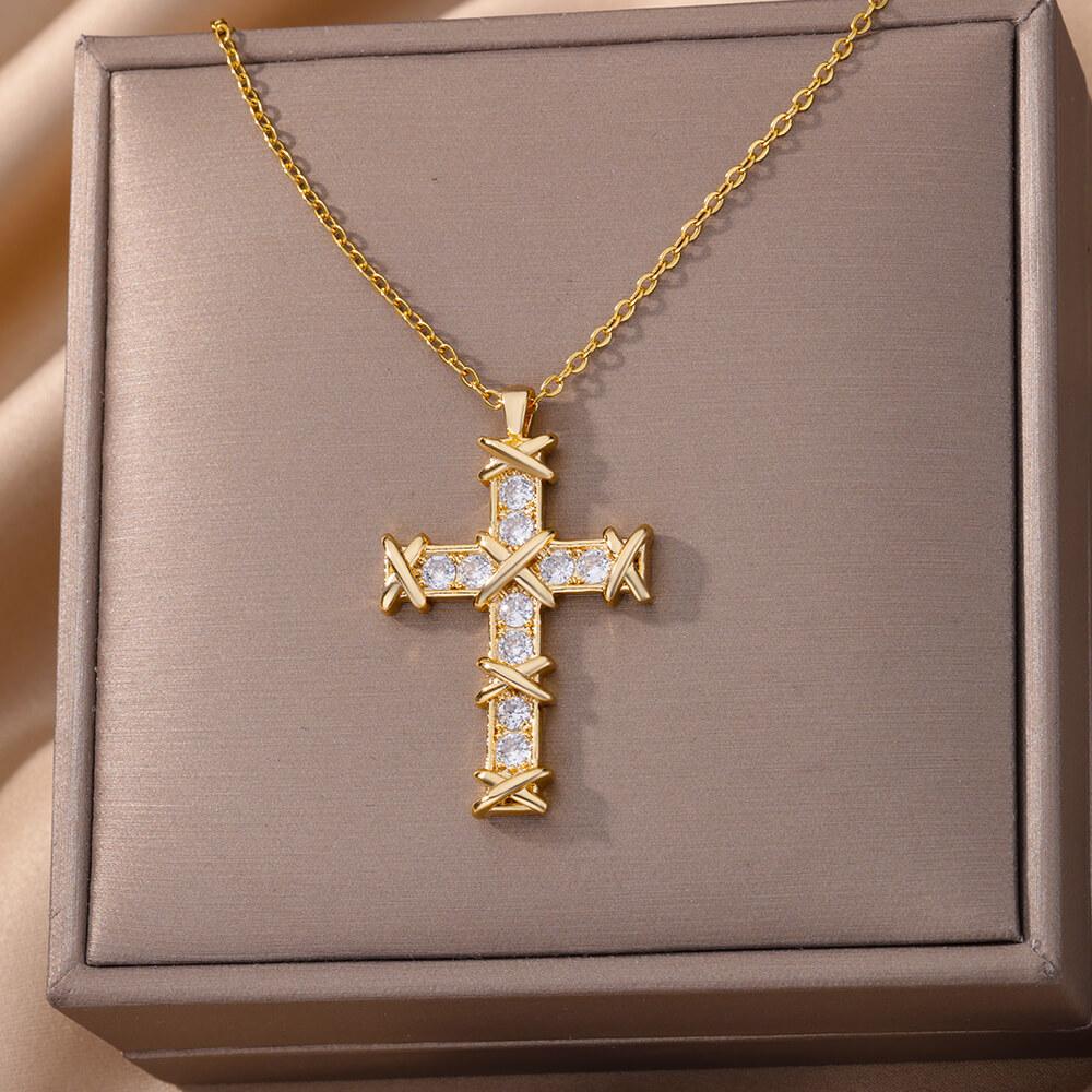 316L Stainless Steel Zircon Jesus Cross Pendant Necklaces For Women Hip Hop Gold Color Cross Necklace Party Jewelry Gift