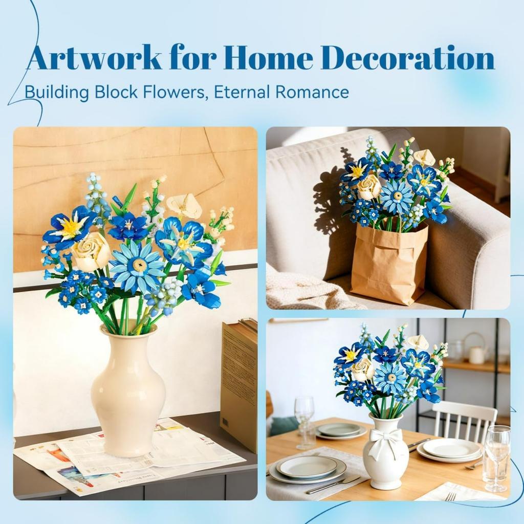 Blue Tulip Micro-Particle Flower Bouquet Building Set for Adults, 766 Pcs DIY Floral Kit for Home Office Decor, Perfect Mother's Day, Valentine's