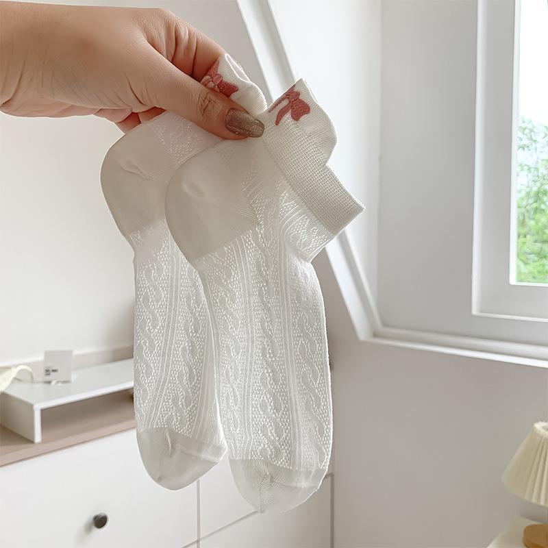 Женские летние тонкие носки из чистого хлопка с вышивкой бантиком, ажурные, дышащие, белые