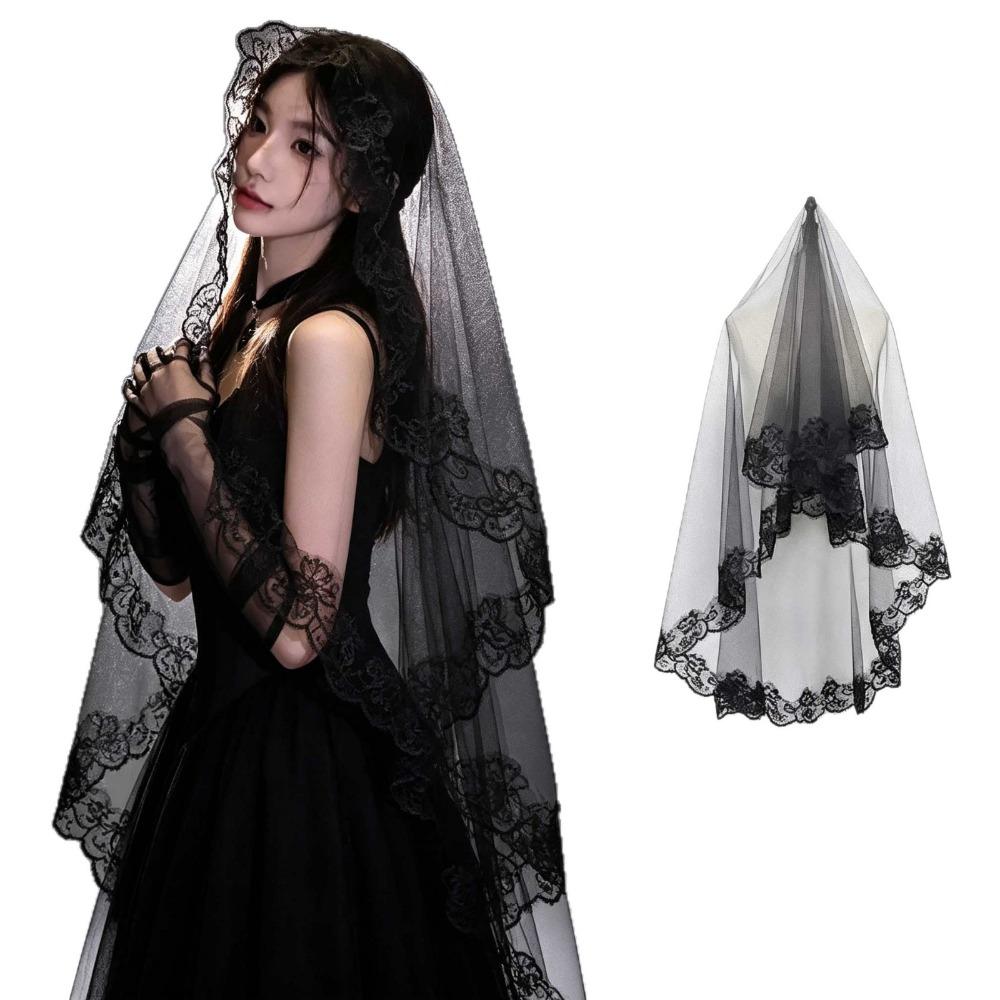 Two-Tier Lace Veil Black Head Veil Classic Gothic Veil For Halloween Cosplay