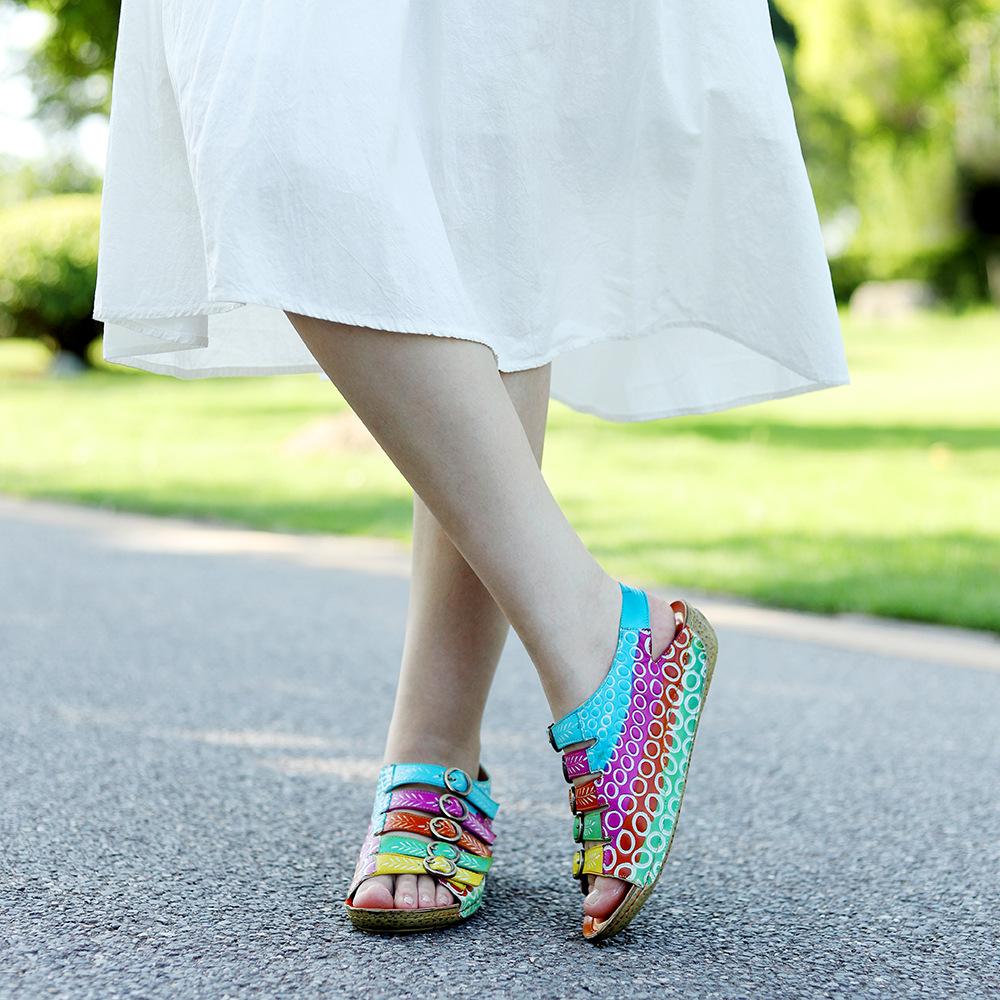 Johnature Женская обувь в стиле ретро из натуральной кожи, летние цветные сандалии на плоской подошве, удобные дышащие пляжные сандалии с ручной росписью