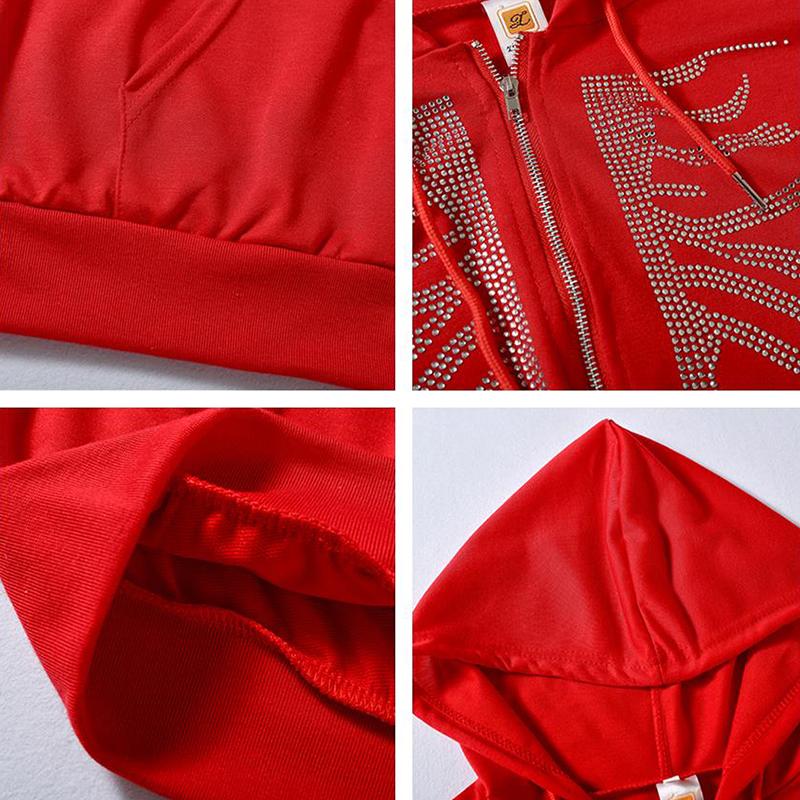 Y2K Rhinestone Skeleton Hoodies Women Gothic Black Red Zip-up Sweatshirts Female Retro Harajuku Hooded Coats Streetwear
