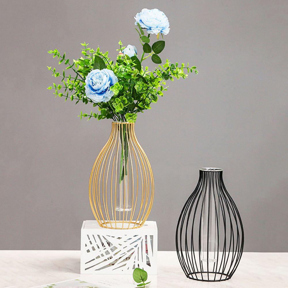 Nordic Styles Hydroponic Flower Vase Geometric Line Frame Iron Art Vase Glass Test Tube Metal Holder Home Decoration Craft Gift