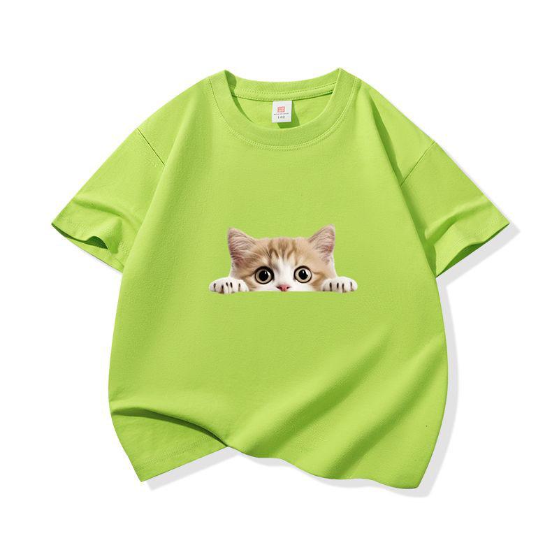 Kids Cotton T Shirt Peeking Orange Kitten Cat Print Crew Neck Short Sleeve Tee Casual Breathable Boys Girls Summer Tops