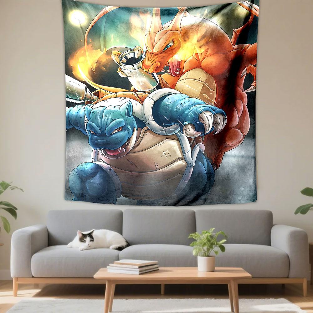 Anime Wall Tapestry Pokemon Charizard Blastoise Fire Water Battle Backlit Fan Art Decor for Game Room Gift