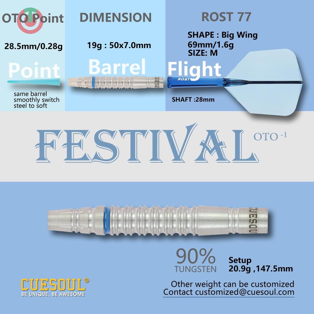 CUESOUL FESTIVAL Series Tungsten Darts OTO Small Thread 19g Blue Soft Tip Barrel 90% Set, Tip, (CSDP-BS116-M1)