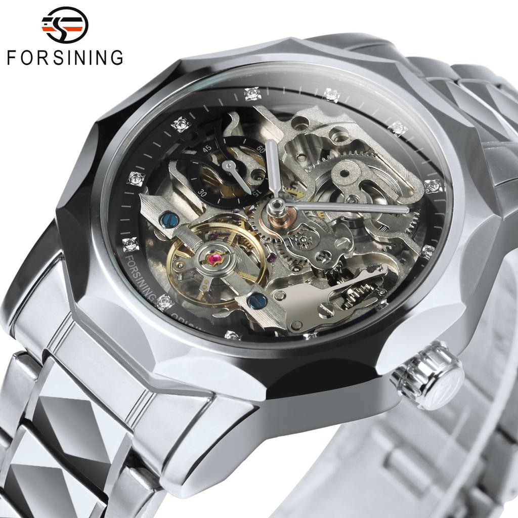 Forsining Fashion Tourbillon Skeleton Automatic Mechanical Watch for Men Luminous Hands Iced Out Watches Stainless Steel Strap