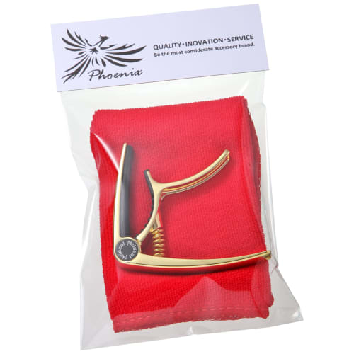 Phoenix One-Touch Guitar Capo Tasto [Zinc Alloy Model] 3-Piece Set: Maintenance Fiber Cloth, Manufacturer's Warranty, and Gold Metallic Finish for Fol
