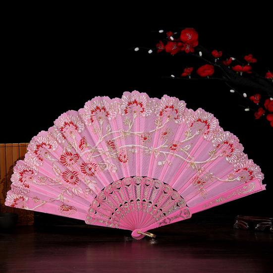 Bronzing Golden Glitter Folding Fan Elegant Plastic Floral Pattern Handheld Fan for Lady Dance Decor