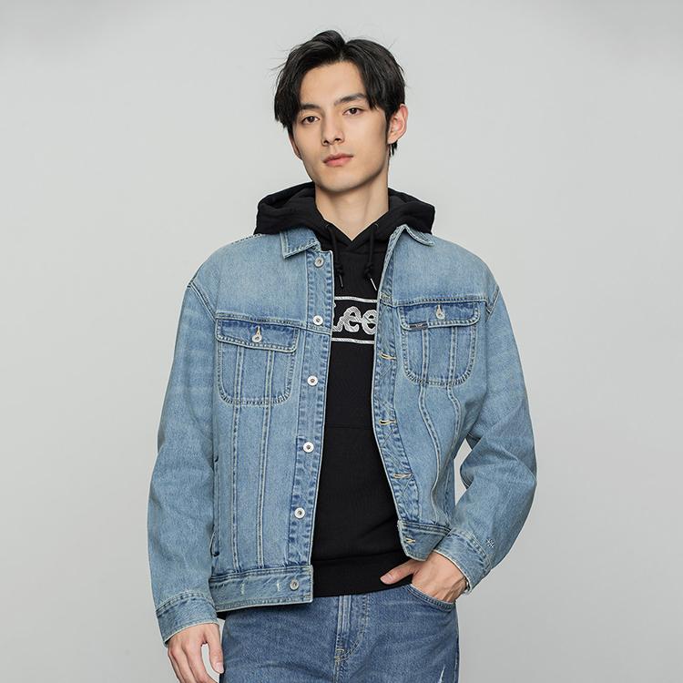 Lee Серия 101+ SS22 Винтажная стирка Вышитые буквы Джинсовая куртка Мужские куртки Средне-синий LMT0015215DG00FA00513