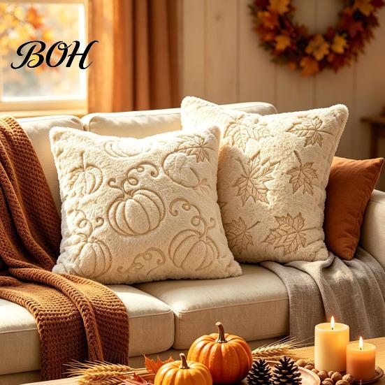 Soft Velvet Sofa Cushion Covers Fall Plush Cover, Pumpkin Maple Leaf Embroidery Throw Pillow Pattern Shams Autumn Farmhouse Case for Thanksgiving Home