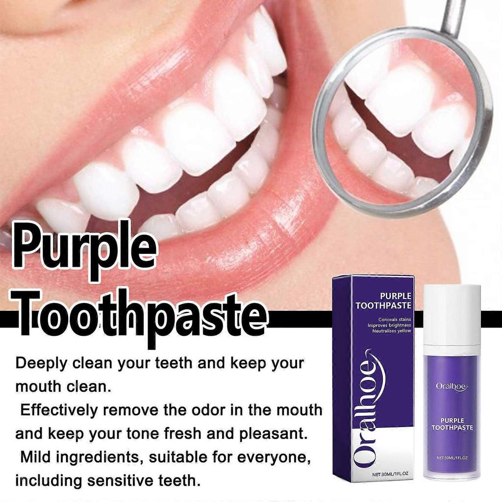 Purple teeth whitening toothpaste deep cleans tartar, tooth stains, oral odor,