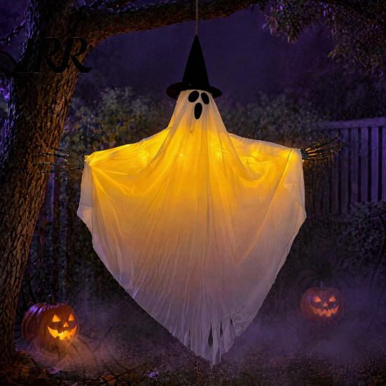 Front Door Halloween Decor Hanging Ghost with Witch Hat, Light Up Spooky Lighted Pendant Outdoor for Porch Tree, Haunted House Scene Ornament