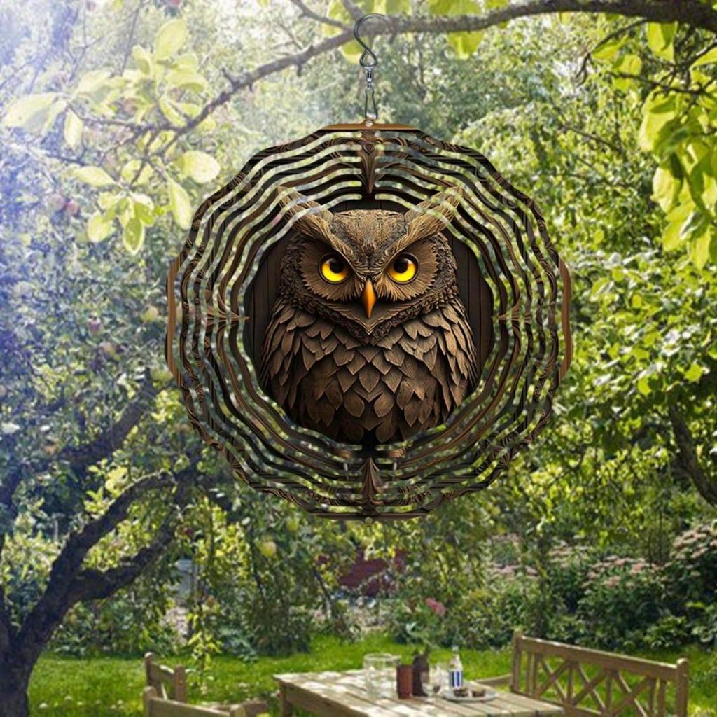 Laser Cut Metal Wind Spinner 3D Mandala Owl Design Outdoor Garden Decor Hanging Sculpture with Holographic Effect Creative Gift