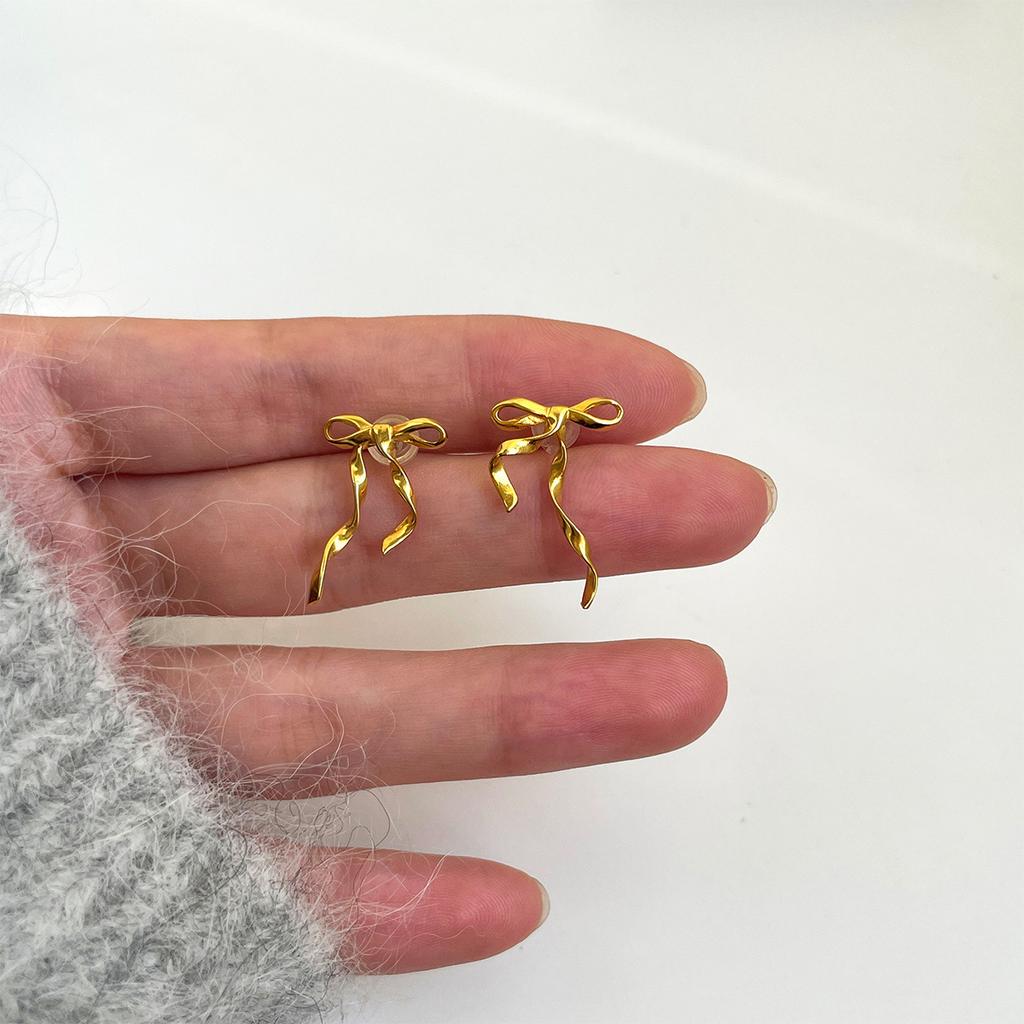 Silver needle ribbon bow stud earrings Mori series sweet little fragrant earrings niche high-end spring new earrings
