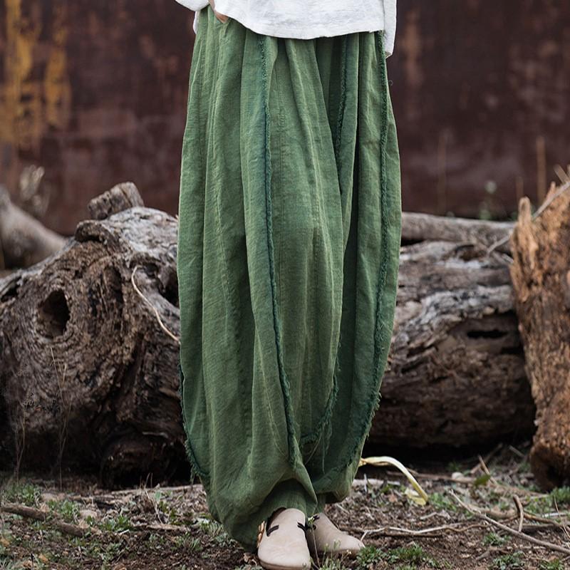 Women Vintage Ramie Pants Solid Color Loose Ramie Trouser Spring Elastic Waist Pockets Women Long Pants
