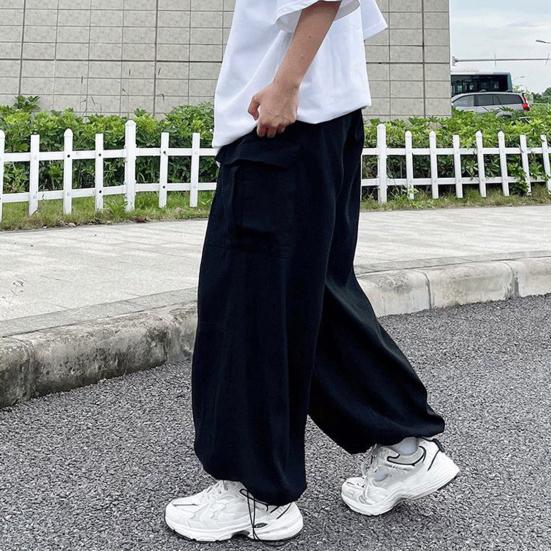 Men Pants with Multi Pockets Elastic Waist Wide Leg Oversized Vintage Cargo Pants Solid Color Streetwear Slacks for Outdoor Hiking Camping
