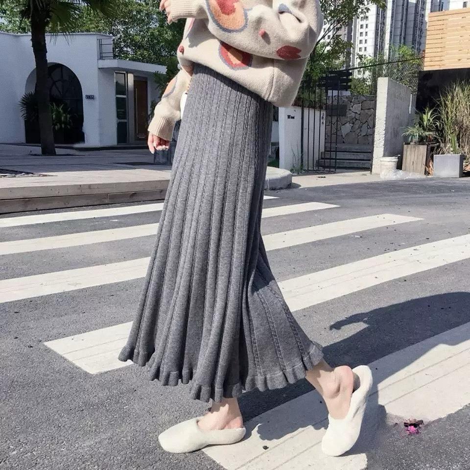 Knit Skirt Women Autumn Winter Midi Slim High Waist A-Line Wool Skirt