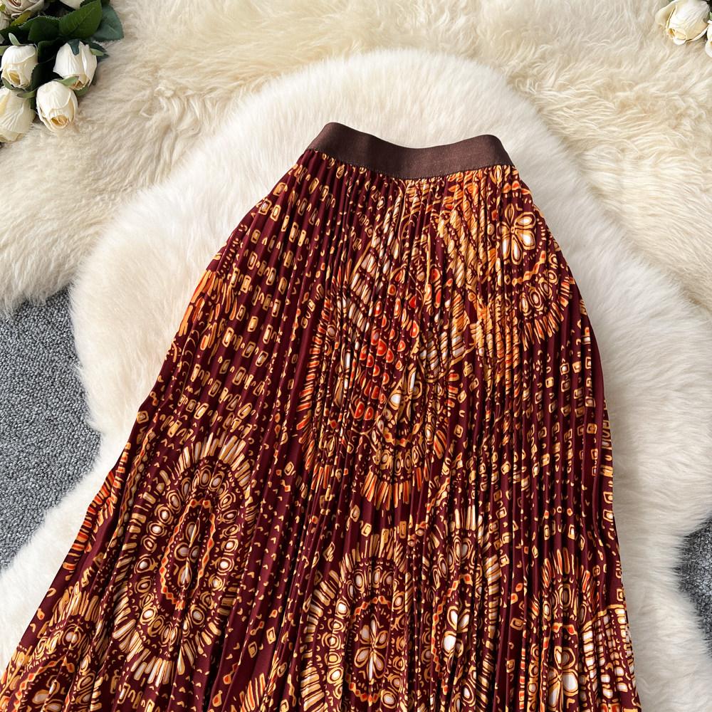 Весна Лето Женская Элегантная Юбка Макси с Принтом, Эластичной Талией и Плиссировкой для Пляжного Отдыха, Только Один Размер