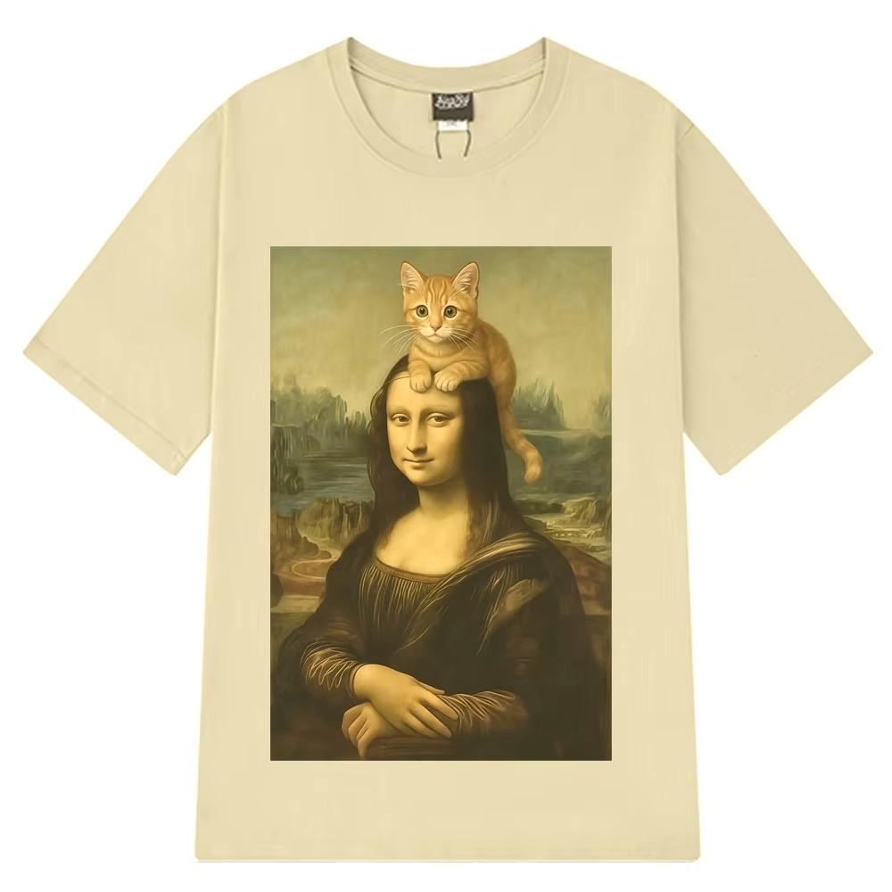 Футболка с забавным мемом "Кот и Мона Лиза с котом", мужская и женская, с коротким рукавом, хлопковая, в стиле Харадзюку, повседневная, свободного кроя, уличная одежда.