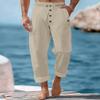 Men Solid White Linen Cropped Pants Elastic Drawstring Waist Buttons Cuffed Hem Beach Casual Trousers