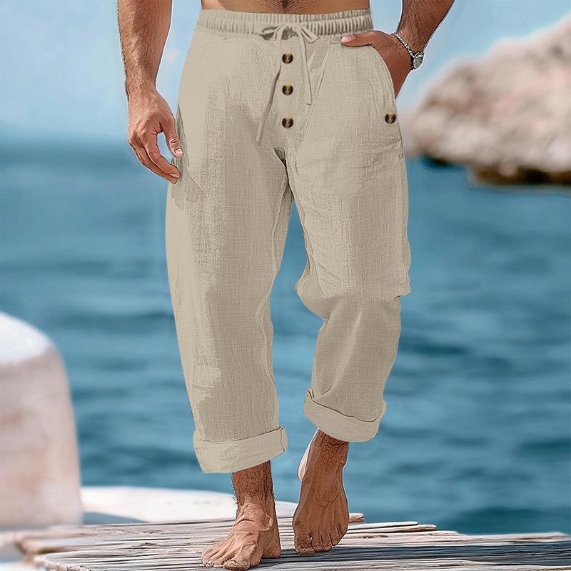 Men Solid White Linen Cropped Pants Elastic Drawstring Waist Buttons Cuffed Hem Beach Casual Trousers