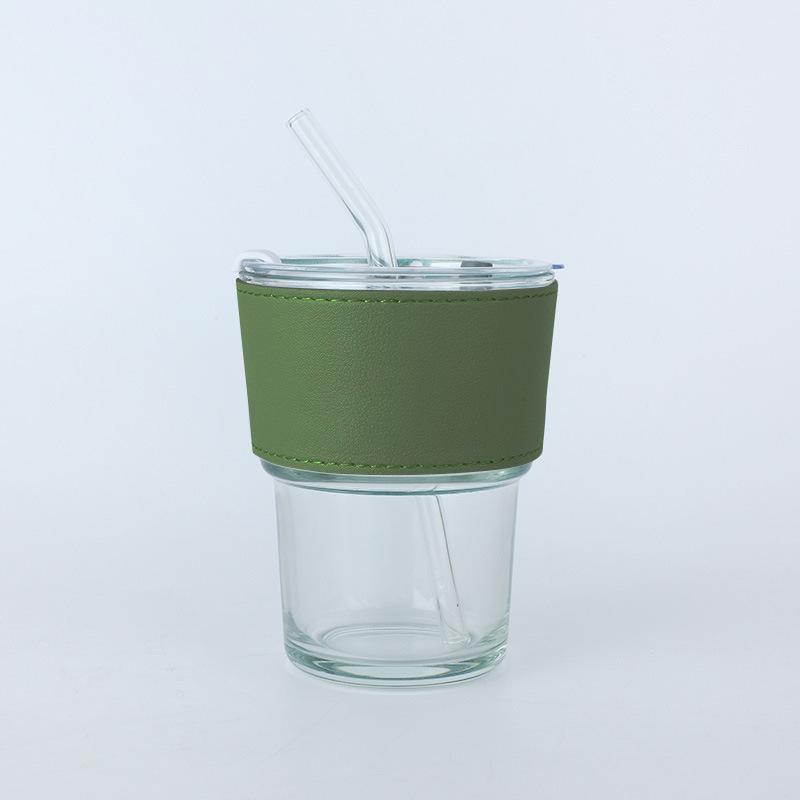 Vertical Pattern Bamboo Cup Glass Transparent Household Striped Water Cup Office Straw Cup with Lid Ins Style Coffee Cup