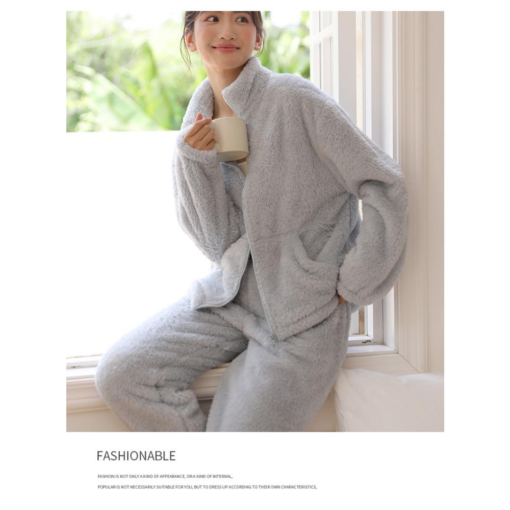 Зимняя домашняя одежда, женский кардиган на молнии, утолщенная куртка с высоким воротником, плюшевая бархатная пижама, двусторонний флисовый теплый костюм