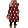 Женское модное повседневное платье с карманами, декоративными пуговицами, рождественскими принтами, круглым вырезом и длинными рукавами