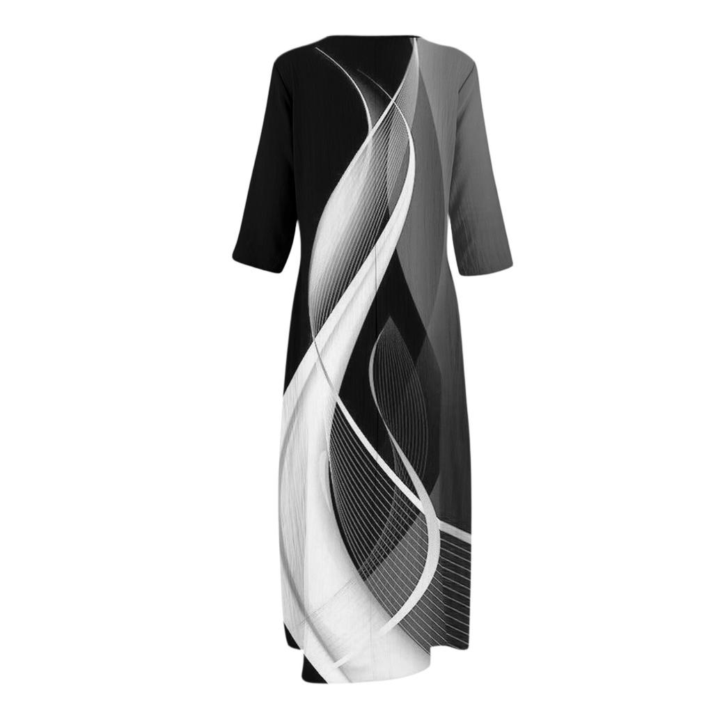 Платья для женщин Винтажный принт Туника с завышенной талией Миди-платье Летнее повседневное Платье с рукавом 3/4