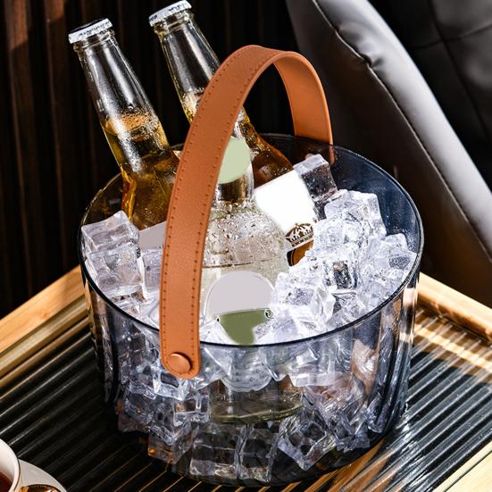 Clear Ice Bucket Cocktail Glass Chiller with Faux Leather Handle