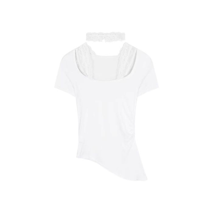 Niche fashion pure desire style neck lace design sense short sleeve T-shirt hot girl sexy irregular versatile top ins