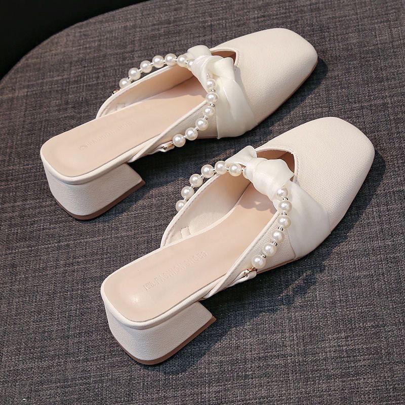 Soft Leather Half Slippers Fairy French Pearl Bag Head Slippers 2025 Spring and Summer New High Heels Lazy Outer Slippers