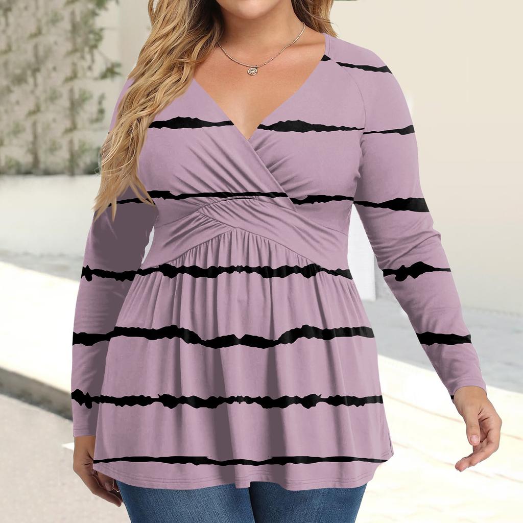 Женская рубашка большого размера с длинным рукавом, принт, плиссированный повседневный топ с V-образным вырезом