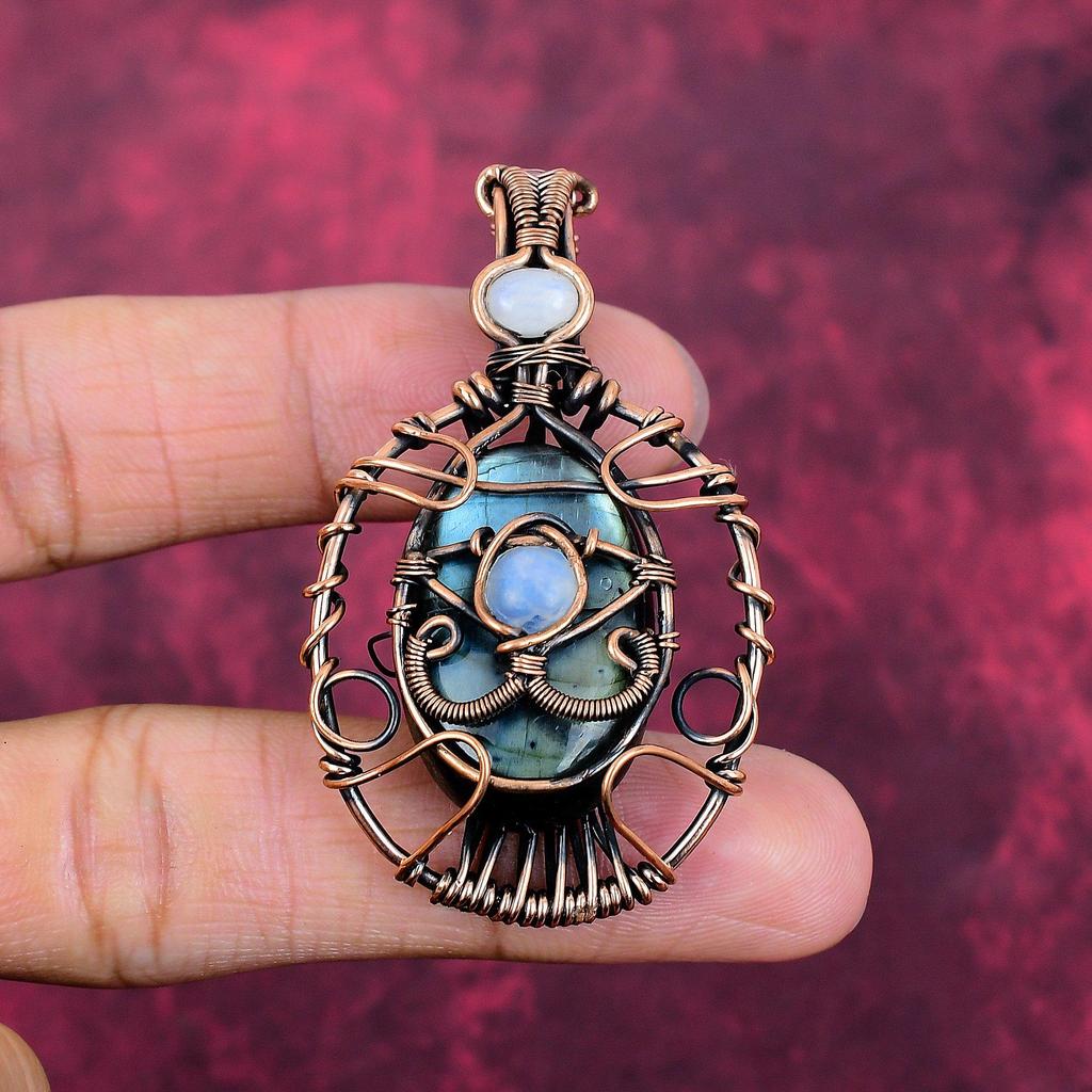 Evil Eye Labradorite Pendant Copper Wire Wrapped Rainbow Moonstone Jewelry