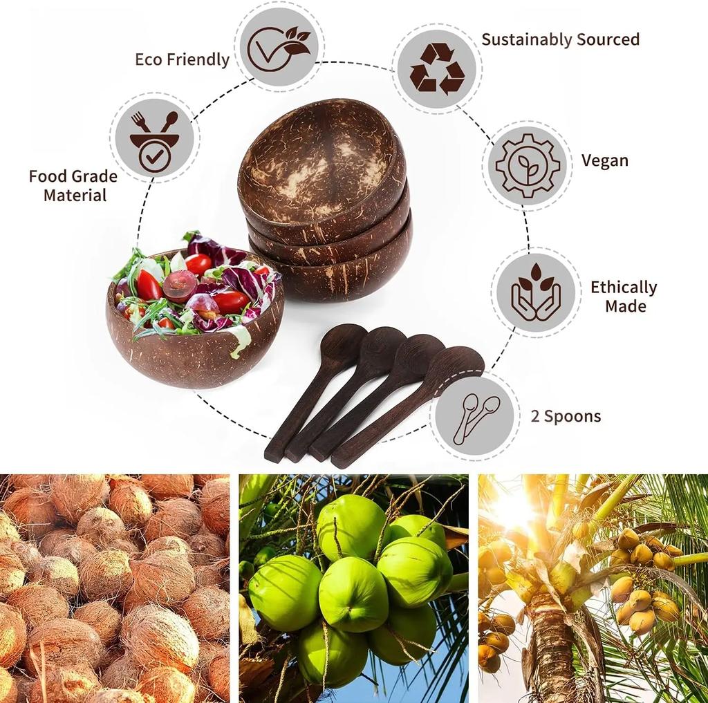 Кокосовые миски для сервировки блюд, деревянные салатницы, деревянные многоразовые миски, сервировочные принадлежности, натуральные миски из кокосовой скорлупы для завтрака и вечеринки