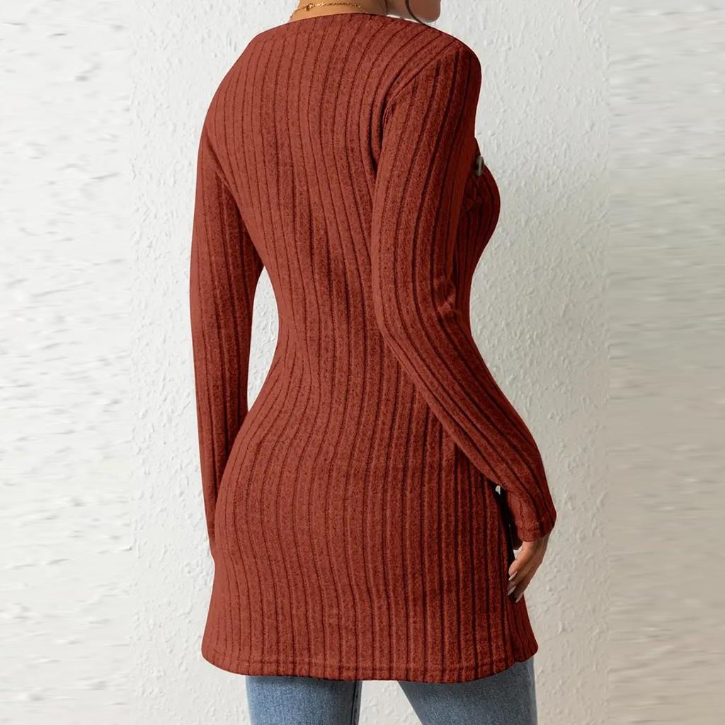 Women's Fashion Casual Long Sleeve Solid Colour Square Neck T-Shirt Button Decoration Irregular Hem Top