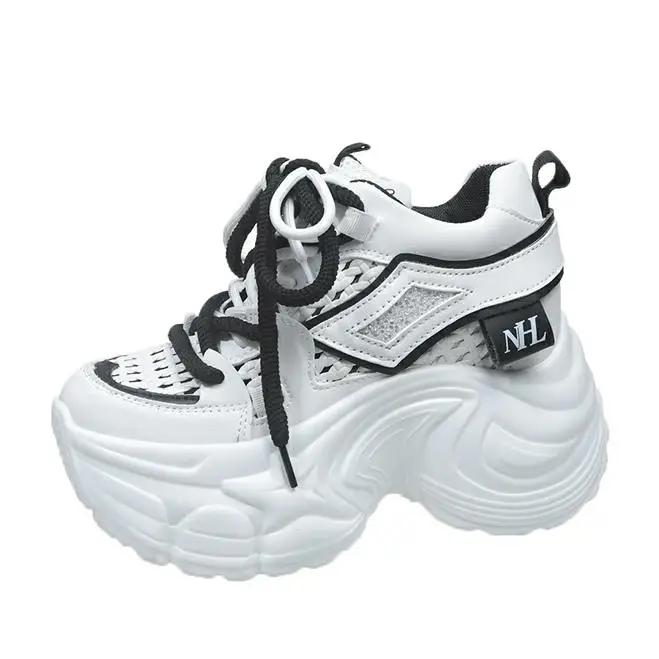 Модные 9 см Новые Весенние Женские Полые Кроссовки 2025 Лето Повседневная Вулканизированная Обувь Высокая Платформа Дышащие Сетчатые Кроссовки Женские Папины Кроссовки