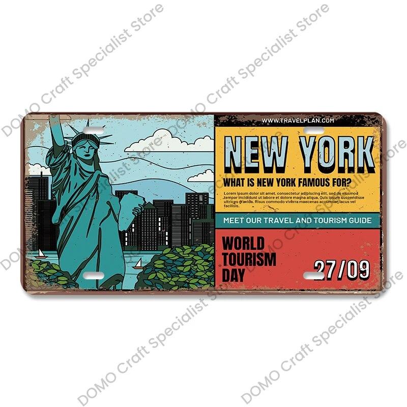 National Landmark Poster Car License Plate Retro France New York Australia Metal Tin Signs Wall Decor Garage Car Club