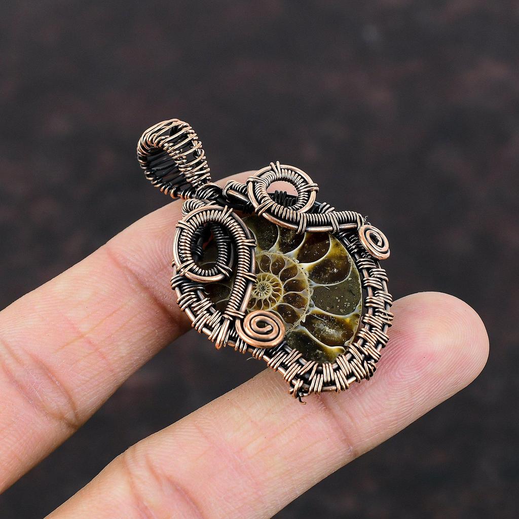 Кулон из аммонита ископаемого, медная проволока, кулон, кулон из аммонита, ископаемый драгоценный камень, ювелирные изделия, подвеска ручной работы, замечательный медный ювелирный подарок для нее