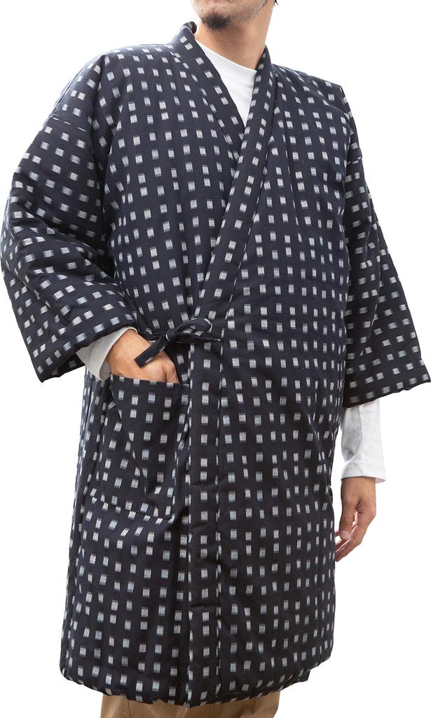 Watanosato Kurume Orimae Long Hanten for Men Size Fits Most Gray White (One (M-L), Square)