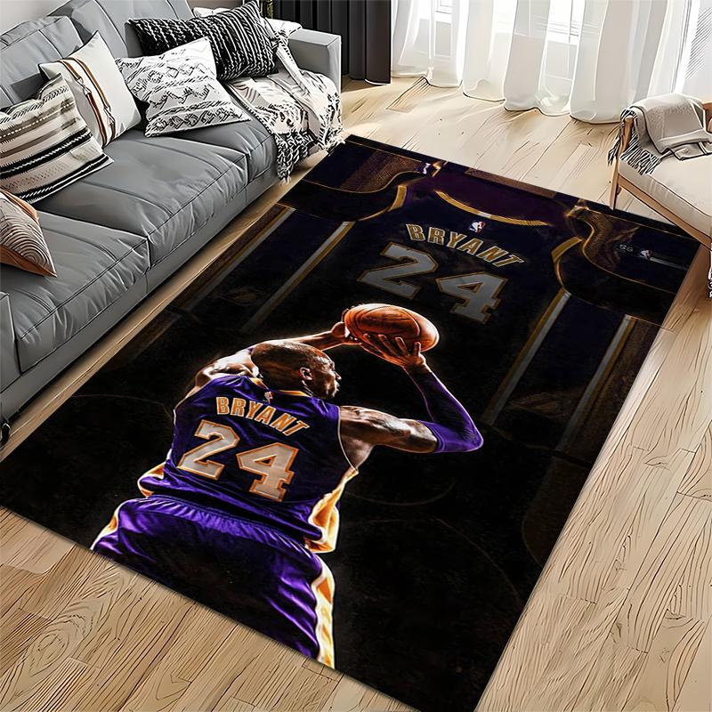 Sports Area Rug, Kobe Bryant Lakers Number 24 Purple Jersey Shooting Dark Purple Gold Print, Fan Decor, Non-Slip Mat