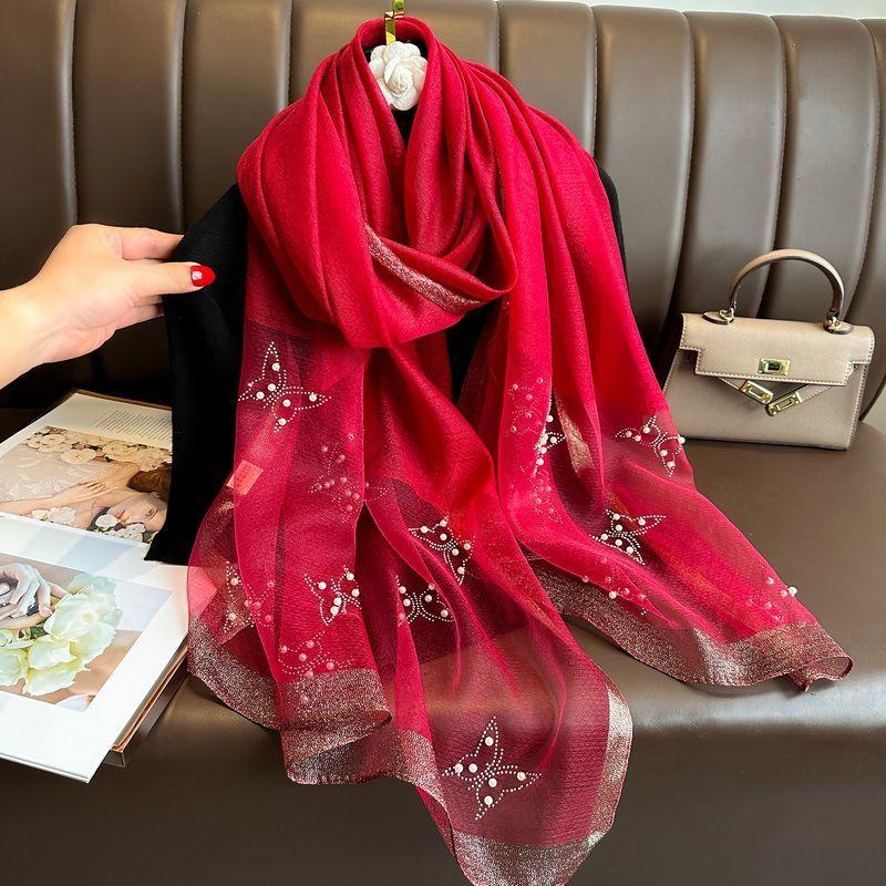 Fashion Butterfly Hot Diamond Fake Silk Scarf Spring and Autumn Versatile Handmade Beaded Long Decorative Scarf
