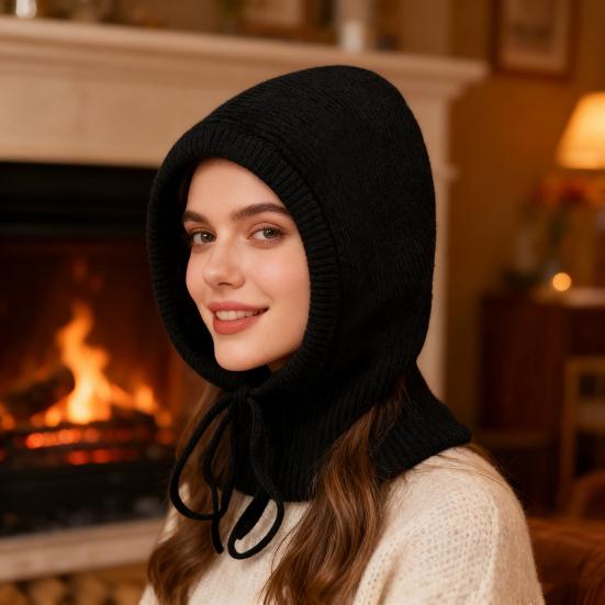 Knitting Hat Scarf Set Solid Color Adjustable Drawstring Scarf Hat Women Winter Warm Windproof Elastic Thermal Hat