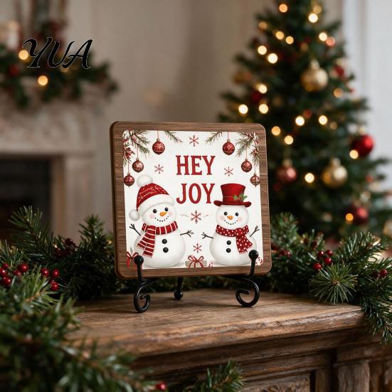 Xmas Party Ornament Christmas Wooden Tabletop Decor, 2D Pet Santa with Iron Stand, Rustic Holiday Sign for Home And Cafe Festive Shelf, Solid