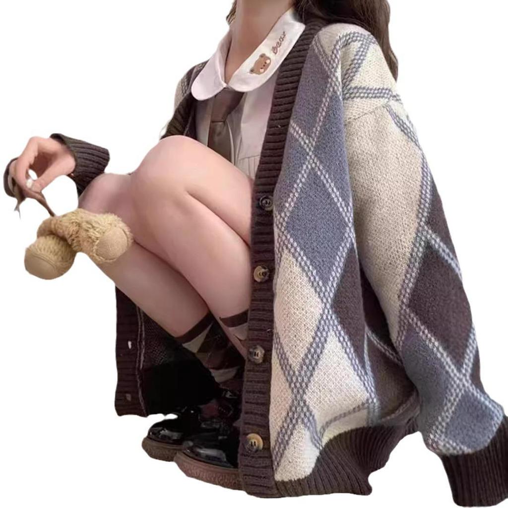 Женский ретро японский свитер в ромбы - Свободный крой, мягкий вязаный кардиган для осени и зимы